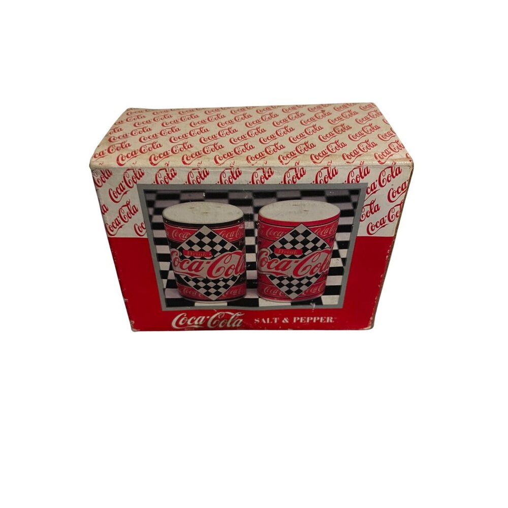 Coca-Cola Salt & Pepper Shaker Set Classic Racing Design Checkerboard Pattern - Picture 8 of 11
